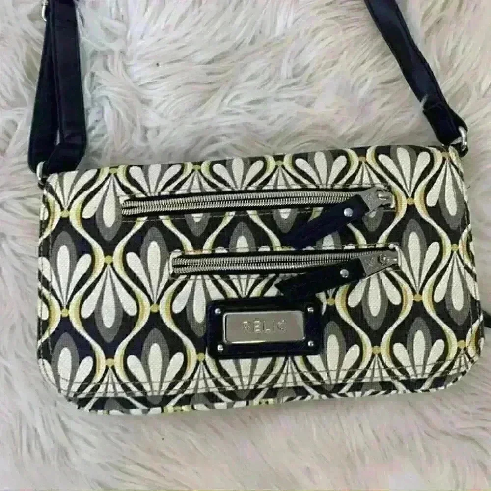 Relic by Fossil Handbag Crossbody w/ built in wallet Black Yellow Gray Canvas